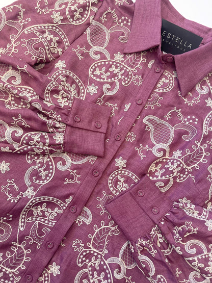 MAUVE/CREAM EMBROIDERED COLLARED BUTTON UP LONG SLEEVE TOP