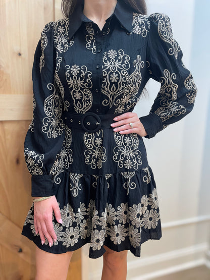 BLACK/IVORY EMBROIDERED LONG SLEEVE BUTTON UP MINI DRESS