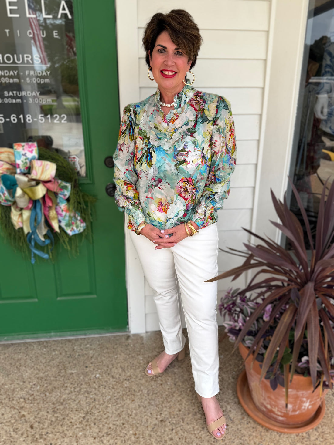 AQUA MULTI BRUSHSTROKE GARDEN PRINT LONG PUFF SLEEVE TOP