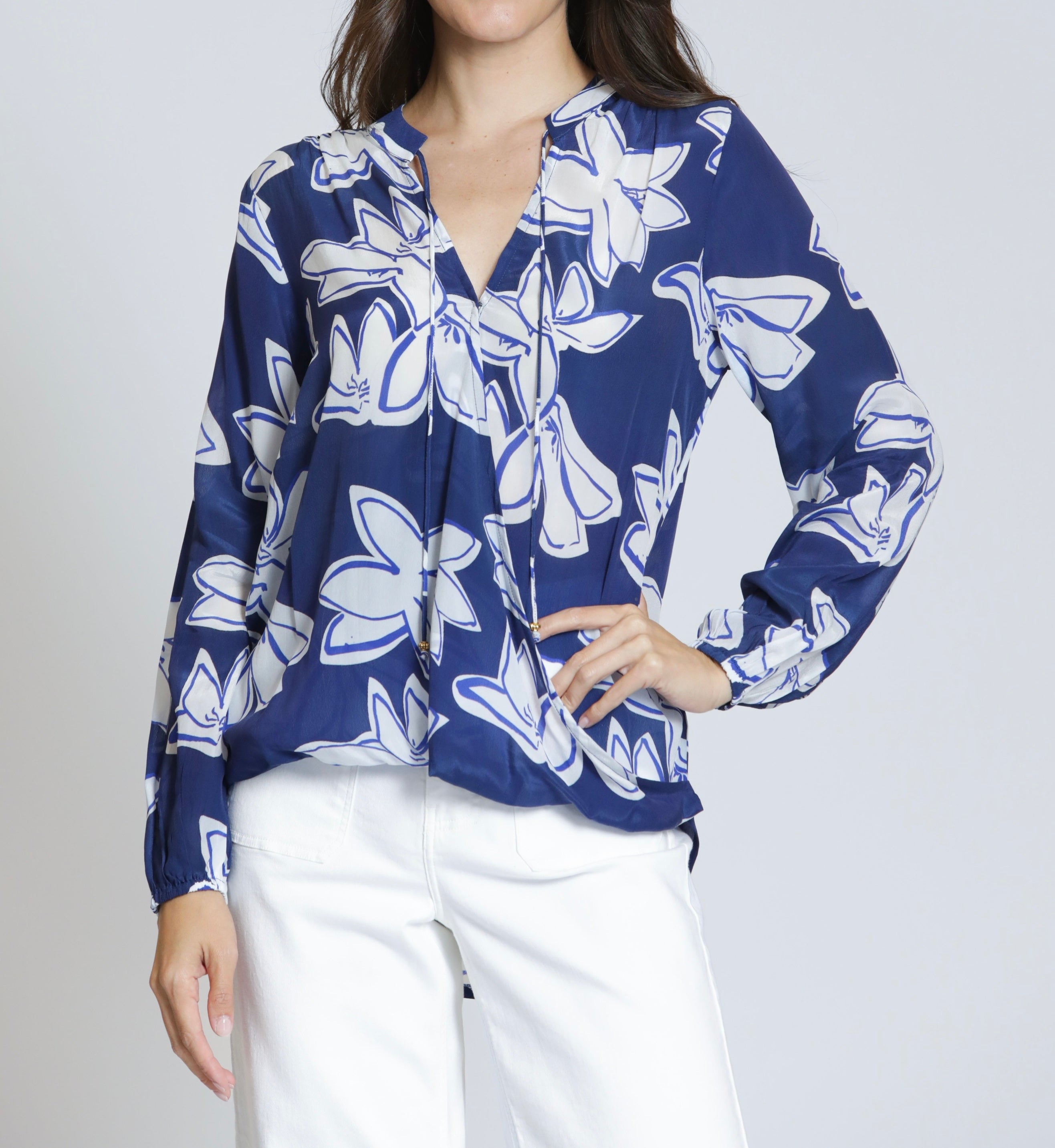 DARK BLUE FLORAL PRINT CROSSOVER TASSEL TOP