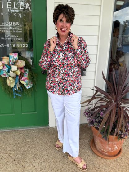RED/BLUE MULTI TWLIGHT BLOOM PRINT CLASSIC BUTTON-UP LONG SLEEVE SHIRT