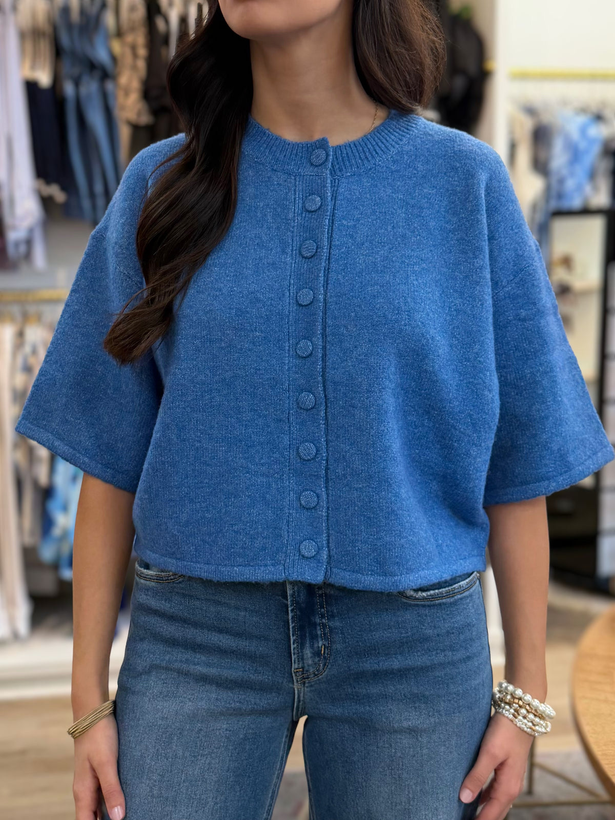 URBAN BLUE BUTTON UP SHORT SLEEVE SWEATER