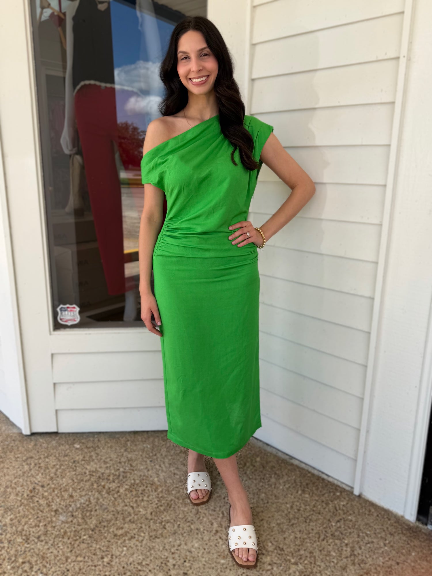 GREEN FITTED ASYMMETRICAL MORERE MIDI DRESS