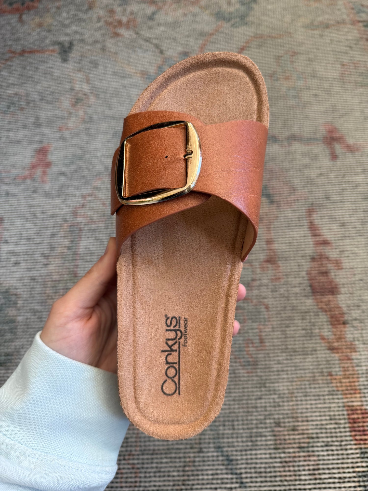 COGNAC WIDE FAUX LEATHER GOLD BUCKLE STRAP SLIP ON SANDAL