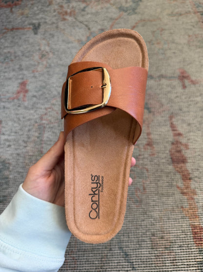 COGNAC WIDE FAUX LEATHER GOLD BUCKLE STRAP SLIP ON SANDAL