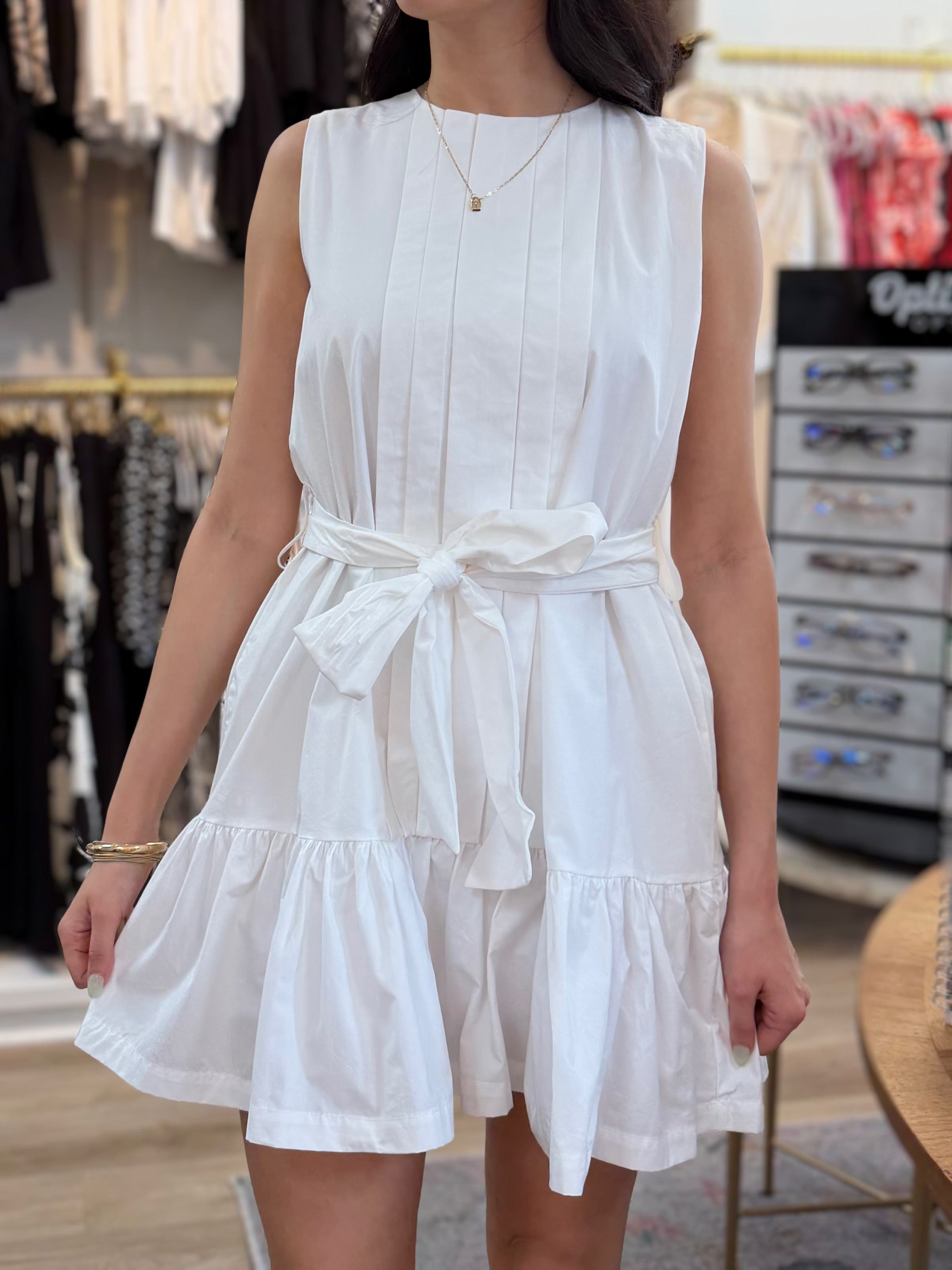 WHITE PLEATED COTTON QUINN MINI DRESS