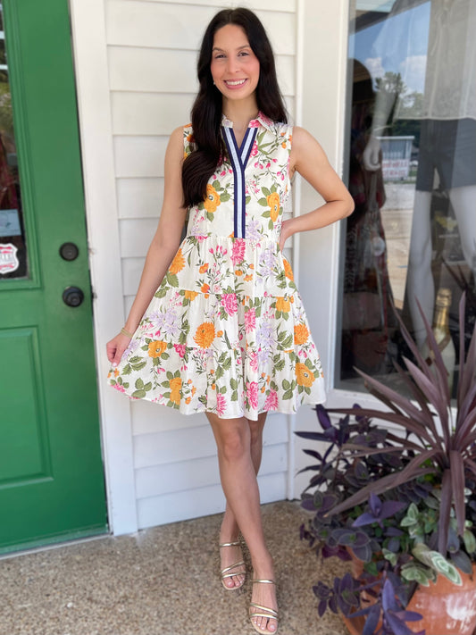 CREAM FLORAL PRINT SLEEVELESS TIERED MINI DRESS