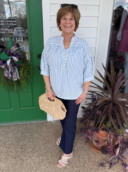 LIGHT BLUE STRIPED SHORT PUFF SLEEVE VNECK PULLOVER TOP
