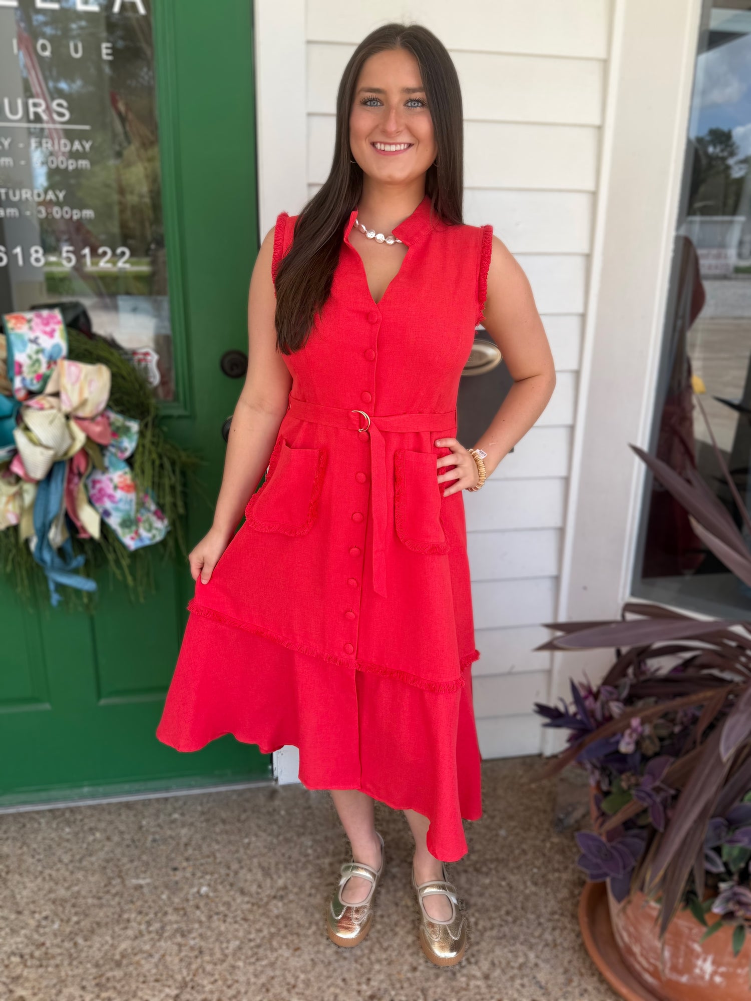 RED COLLARED BUTTON UP SLEEVELESS FRINGE DETAIL MIDI DRESS