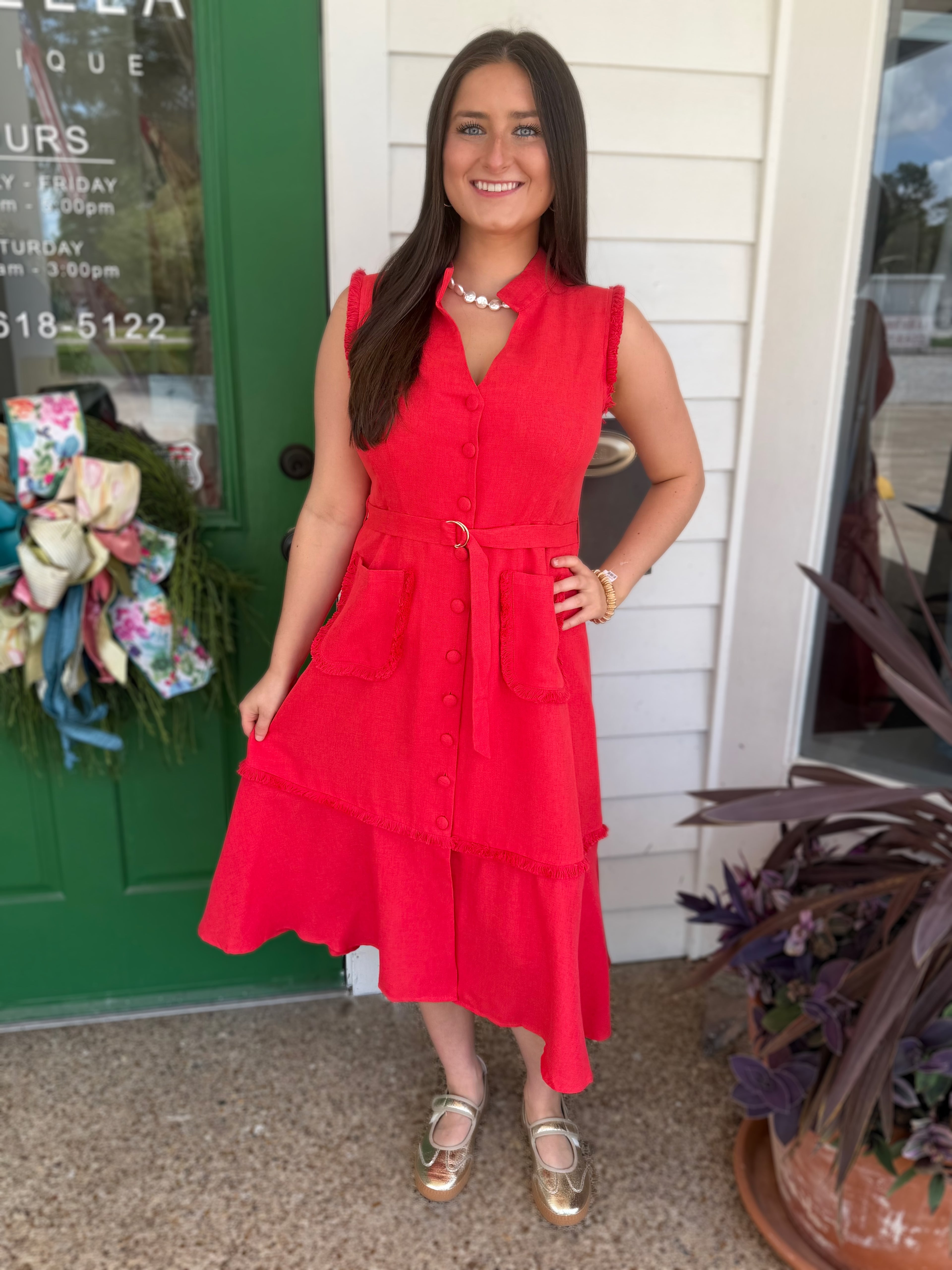 RED COLLARED BUTTON UP SLEEVELESS FRINGE DETAIL MIDI DRESS