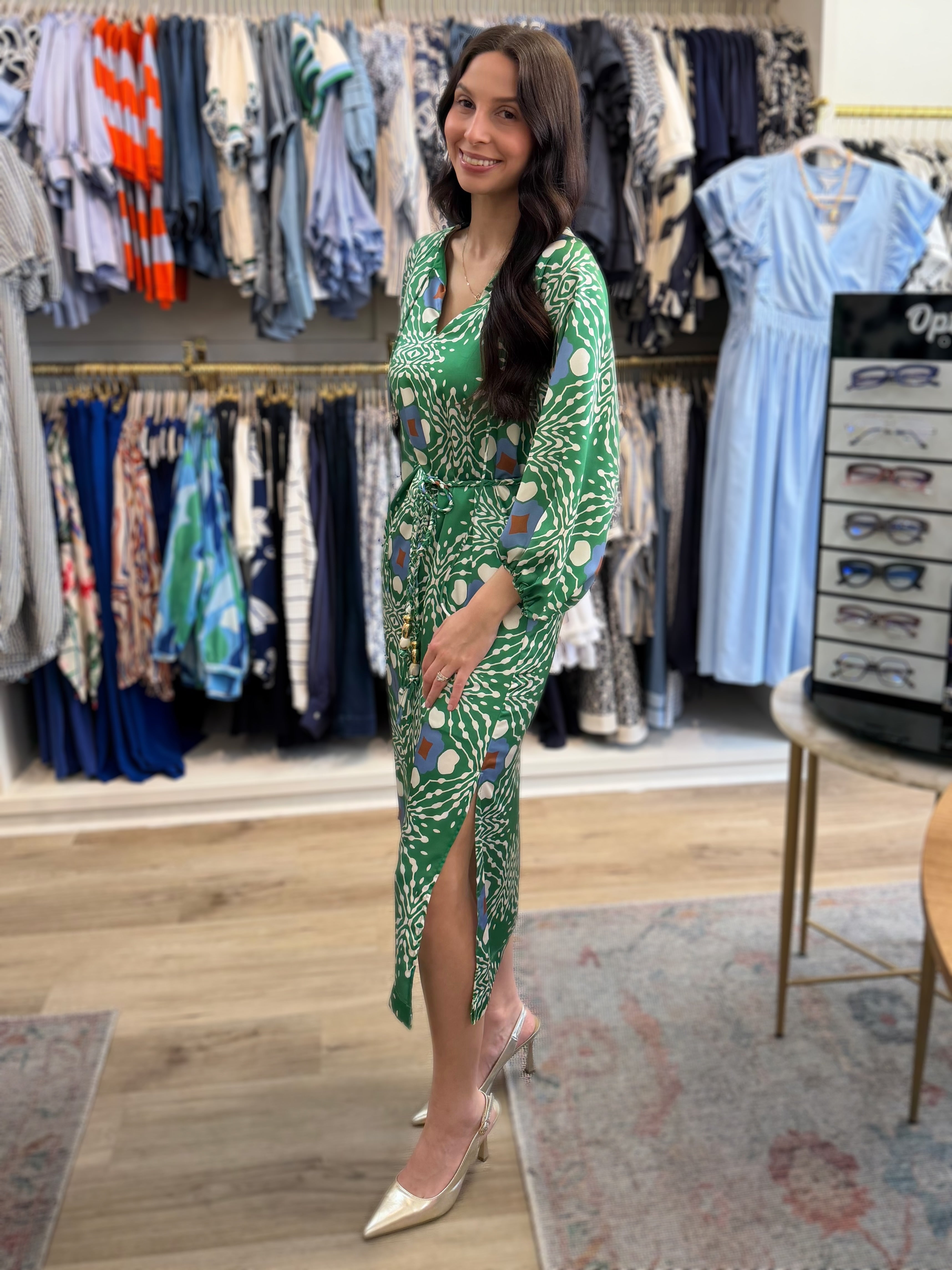 GREEN MULTI GEO PRINT JARDIN MIDI DRESS