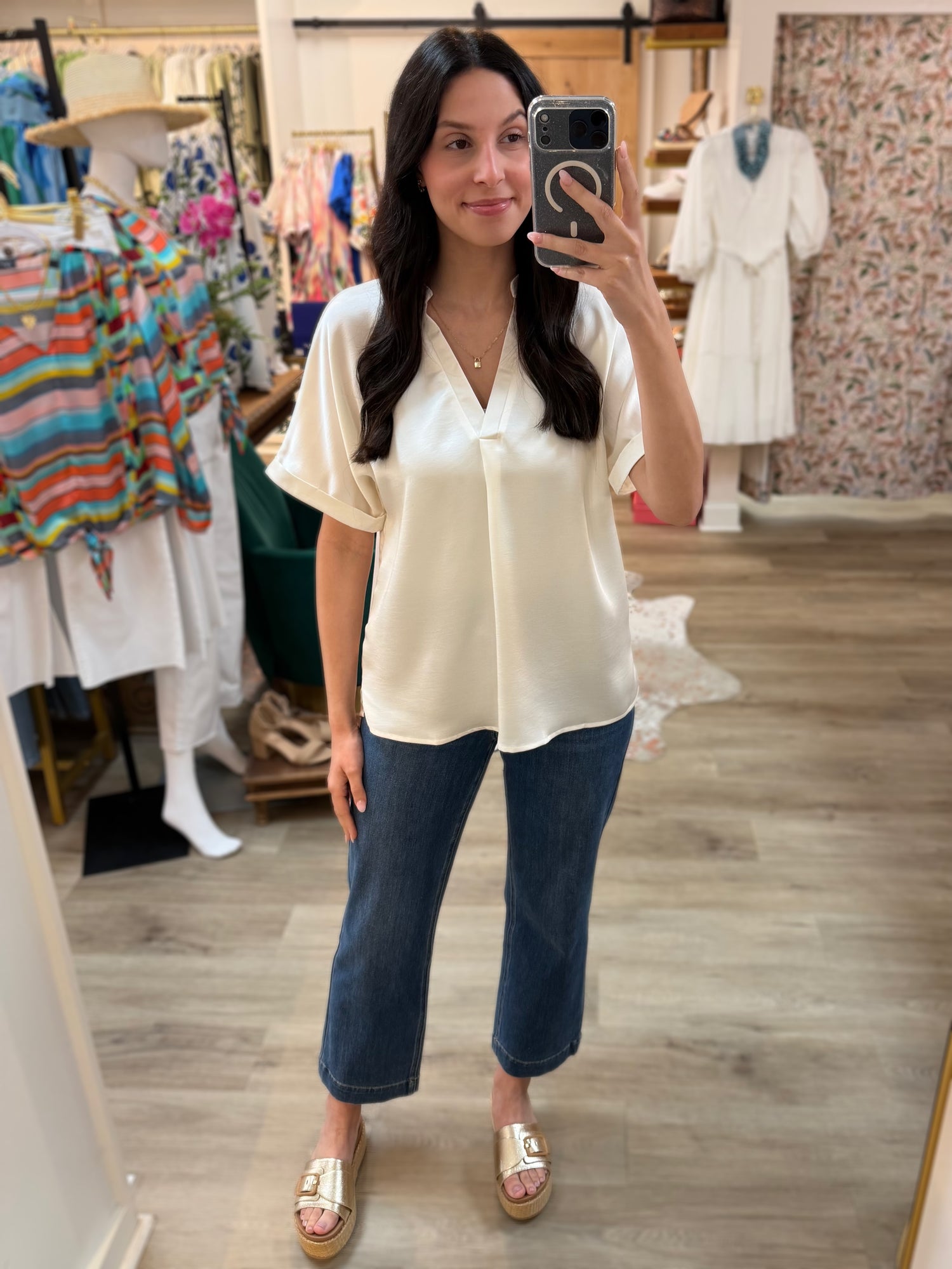IVORY VNECK PLACKET CUFF SLEEVE BLOUSE