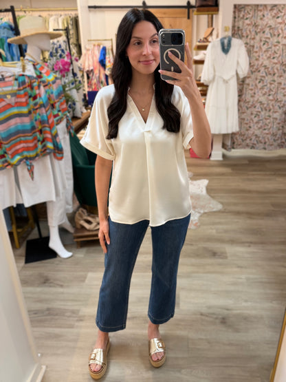 IVORY VNECK PLACKET CUFF SLEEVE BLOUSE