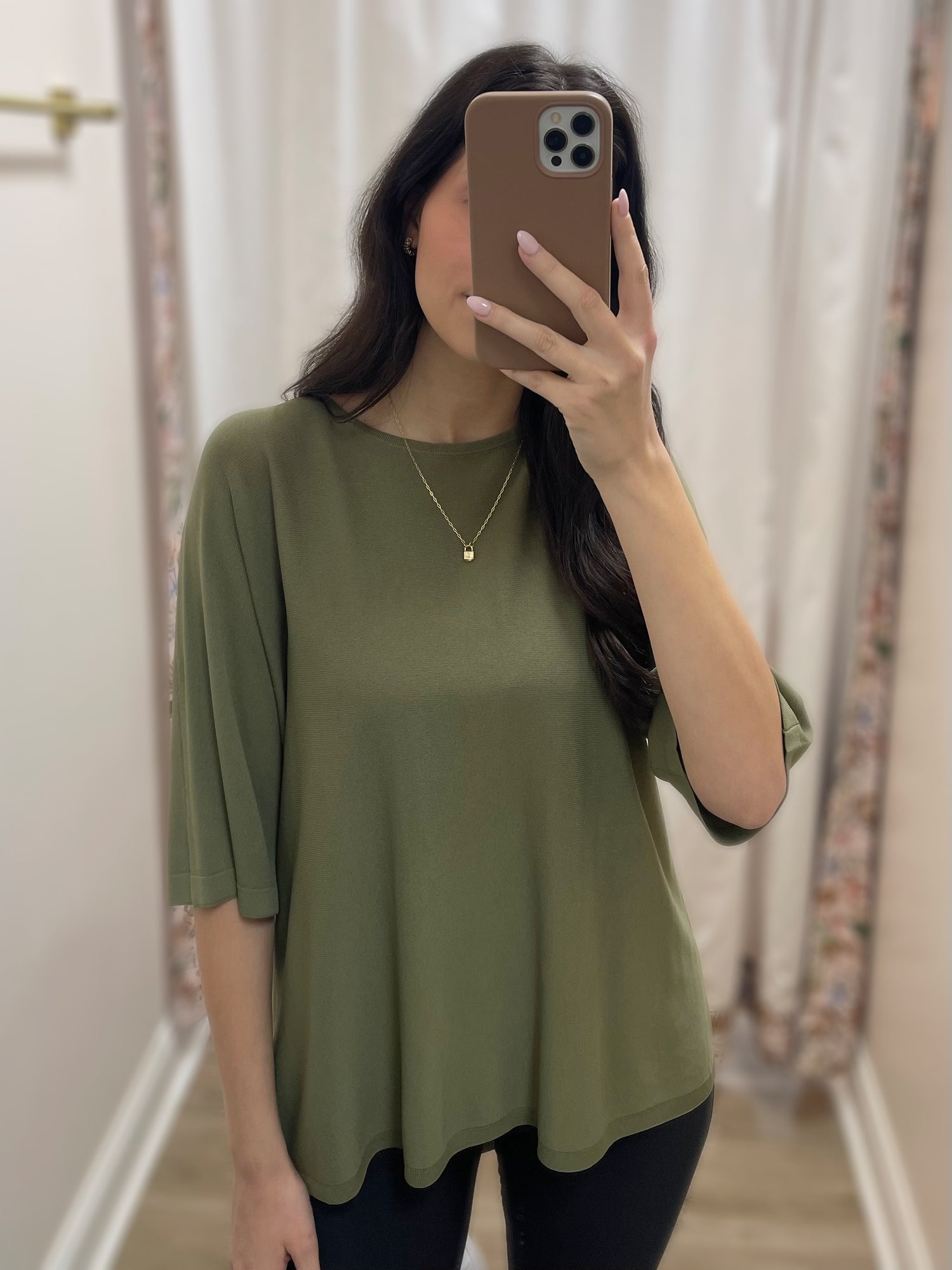 OLIVE GREEN HIGH LOW SHORT SLEEVE SWEATER