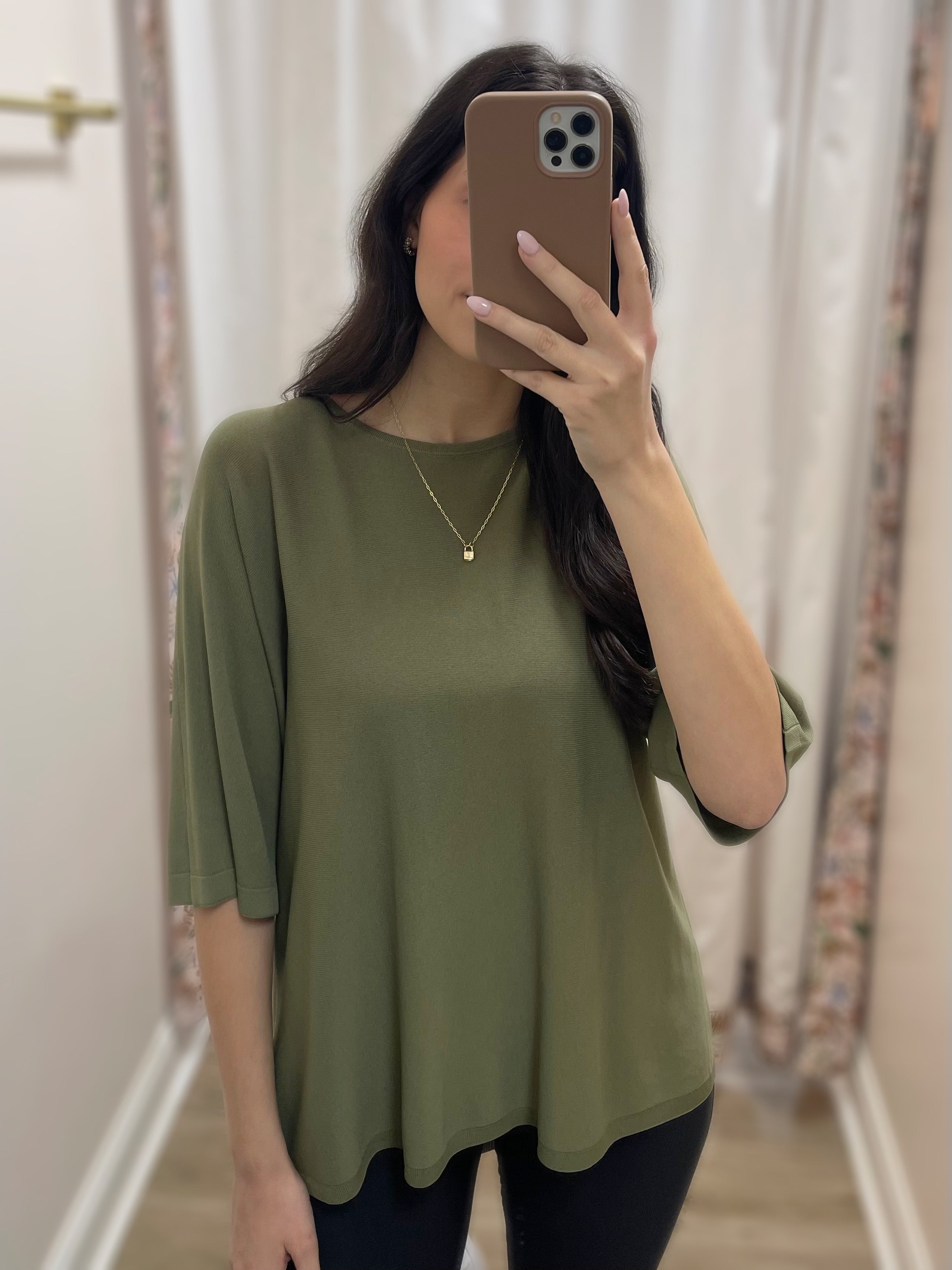 OLIVE GREEN HIGH LOW SHORT SLEEVE SWEATER