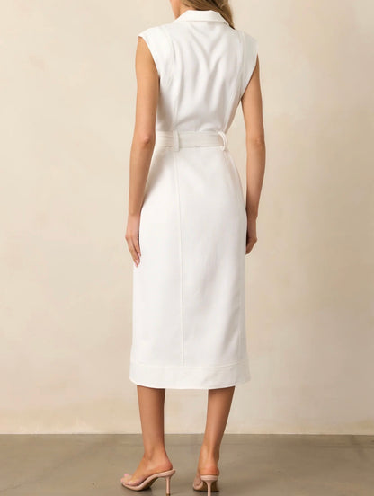 WHITE BUTTON UP BELTED JACQUELINE MIDI DRESS