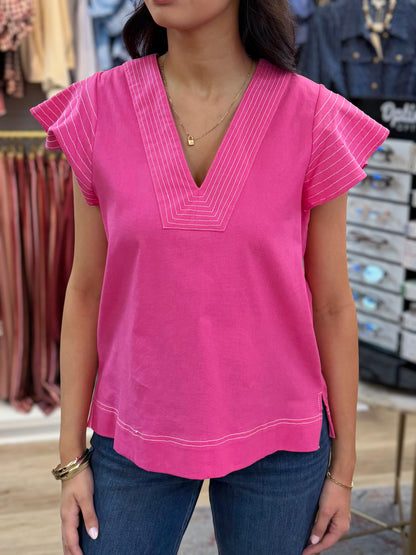 PINK CONTRAST STITCH SHORT RUFFLE SLEEVE VNECK TOP
