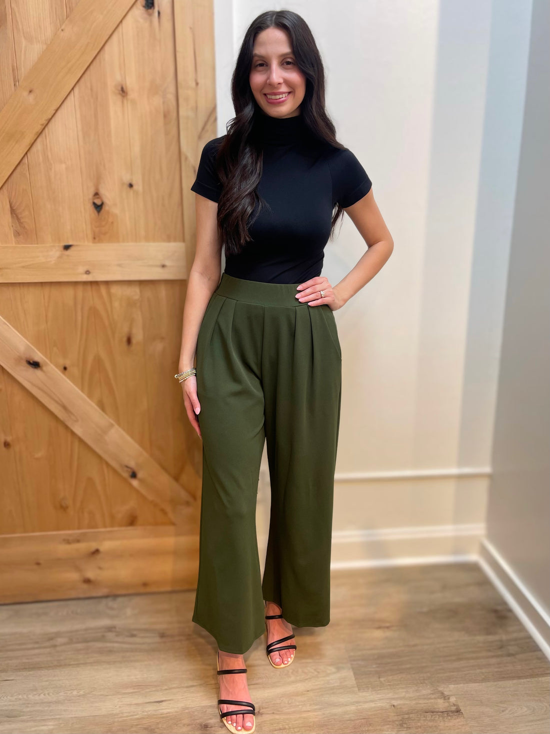 DARK OLIVE STRETCHY HIGH WAIST CREPE WIDE LEG PANTS