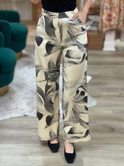 CREAM/GRAY PRINTED WIDE LEG PANTS
