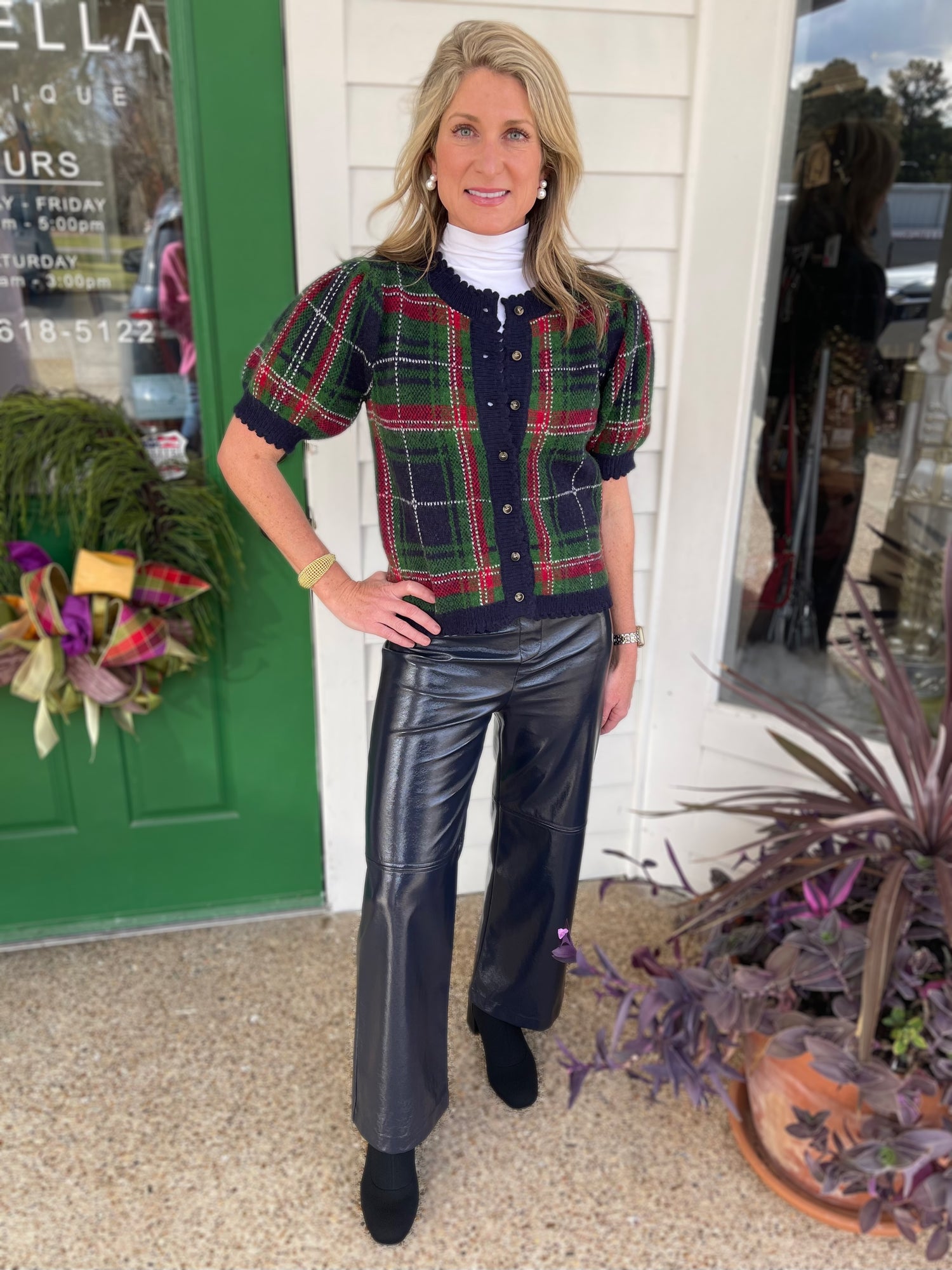 NAVY PLAID SHORT PUFF SLEEVE BUTTON UP SWEATER