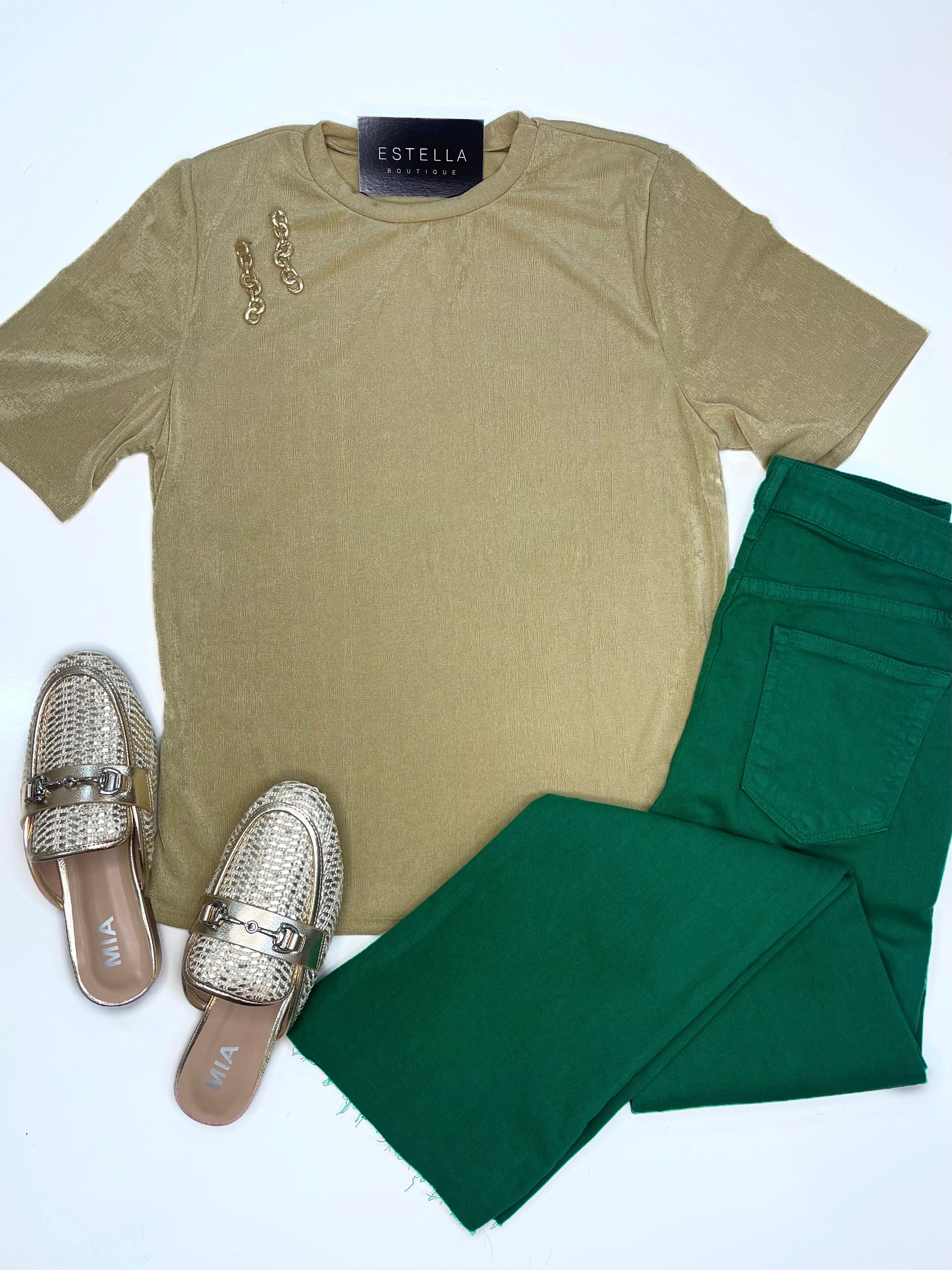 SAND SLINKLY FABRIC ROUND NECK SHORT SLEEVE TOP