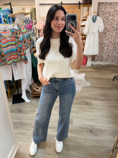 OFF WHITE OPEN WEAVE POINTELLE SHORT PUFF SLEEVE SWEATER TOP