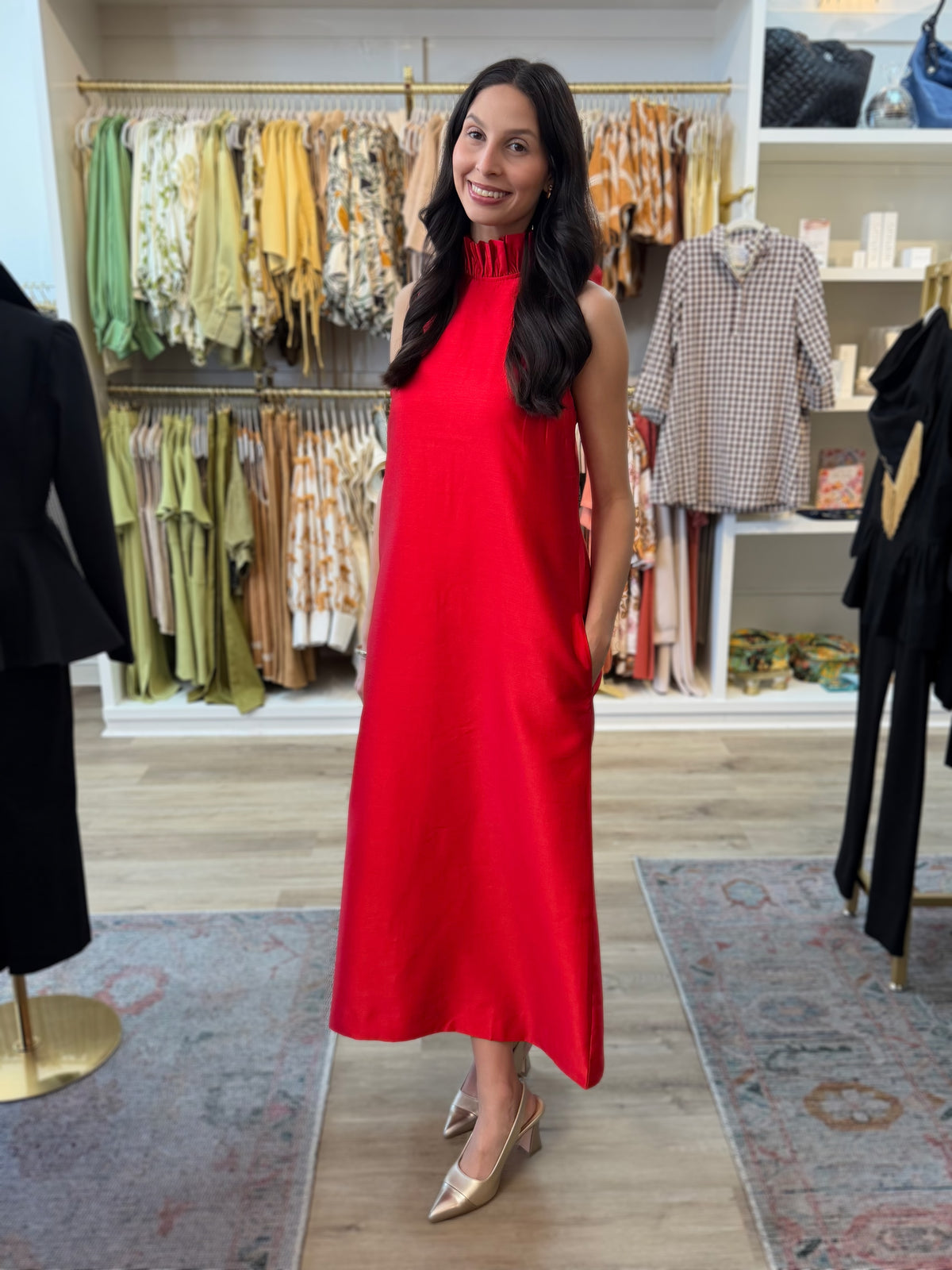 CRANBERRY RED RUFFLE NECK CECILY MAXI DRESS