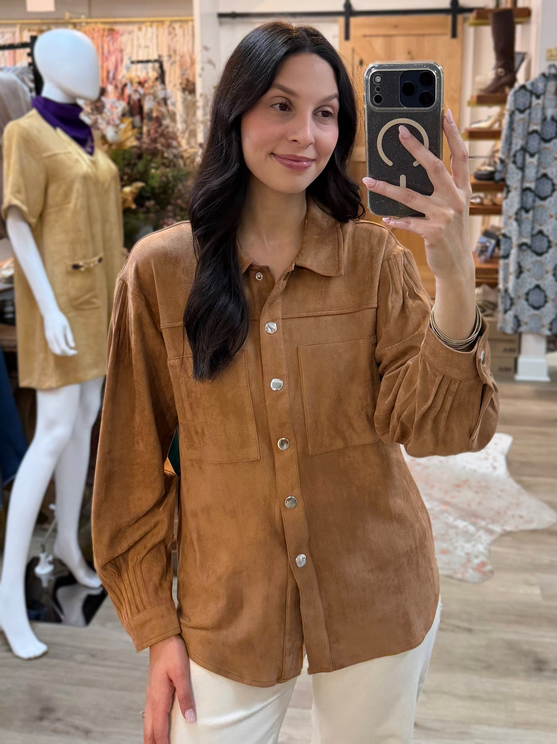 CARAMEL SUEDE LONG SLEEVE BUTTON UP SHIRT JACKET TOP