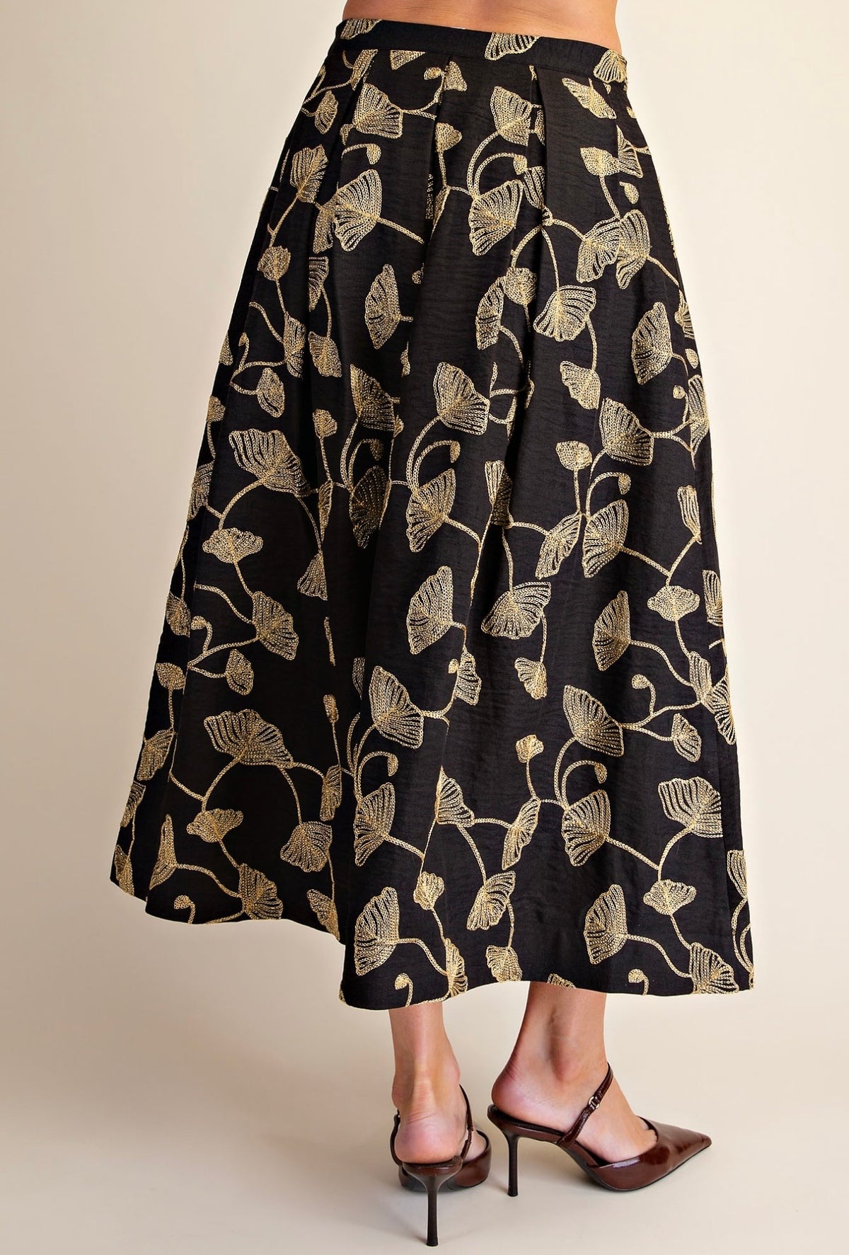 BLACK &amp; GOLD LEAF EMBROIDERY A-LINE PLEATED MIDI SKIRT