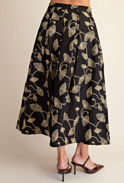 BLACK &amp; GOLD LEAF EMBROIDERY A-LINE PLEATED MIDI SKIRT