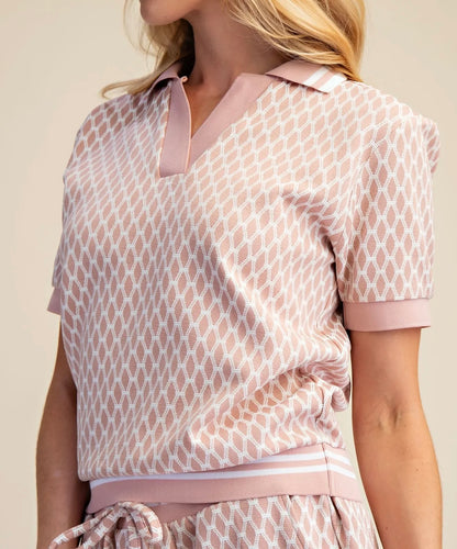 PINK GEOMETRIC TRELLIS PRINT COLLAR NECK SHORT SLEEVE POLO TOP