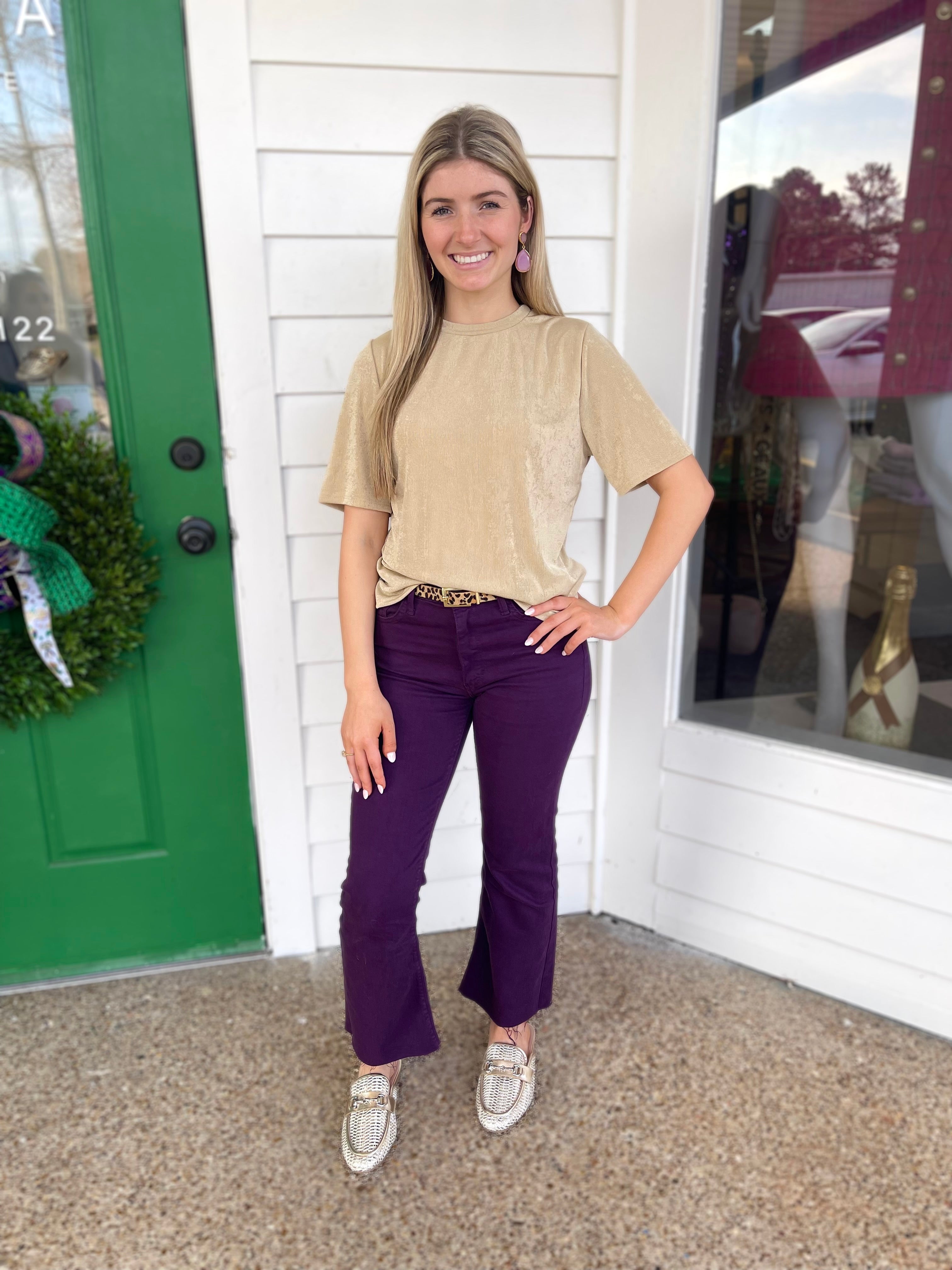 SAND SLINKLY FABRIC ROUND NECK SHORT SLEEVE TOP
