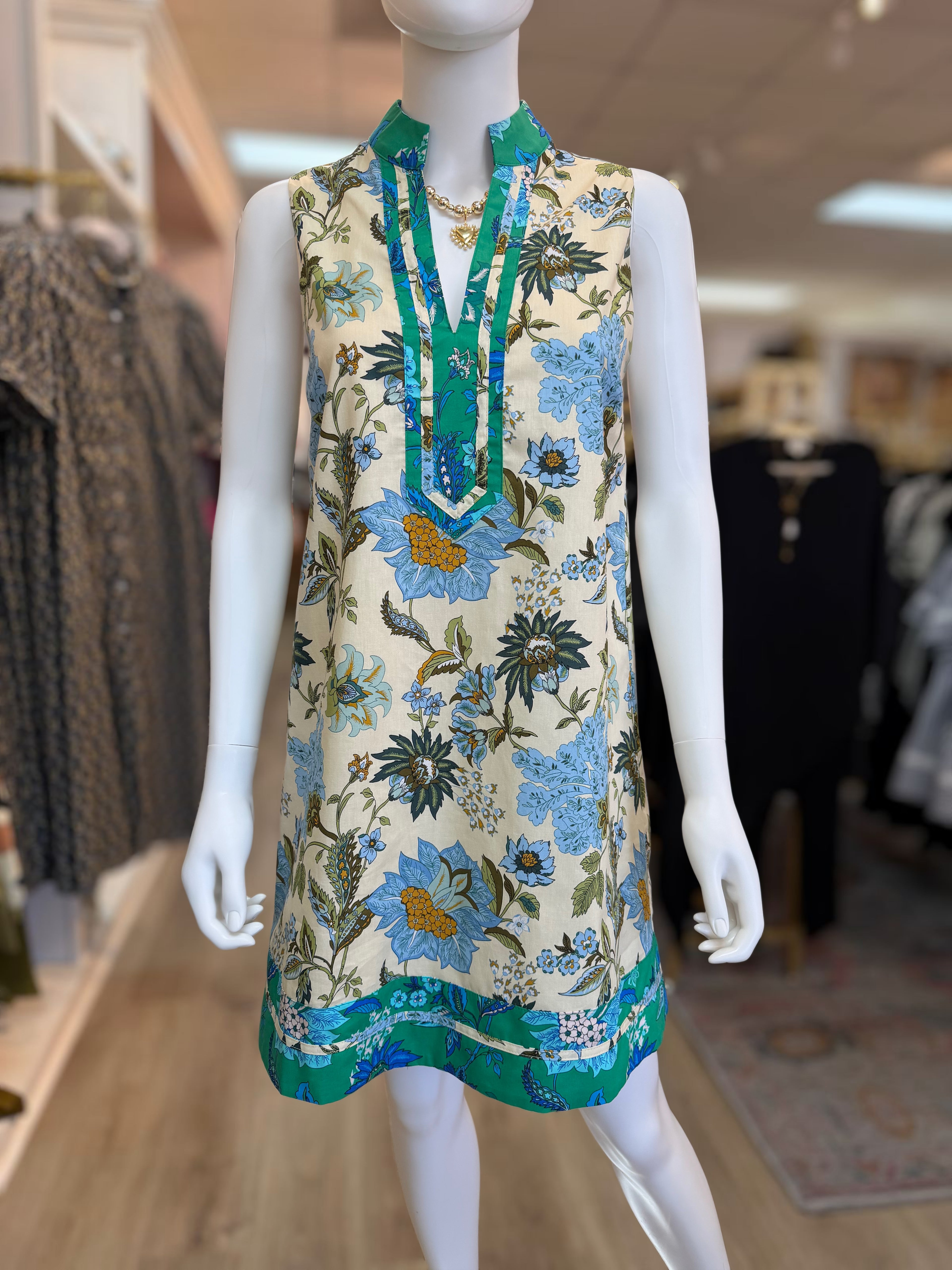 BLUE MIX FLORAL PRINT CONTRAST STRIPE SLEEVELESS MINI DRESS