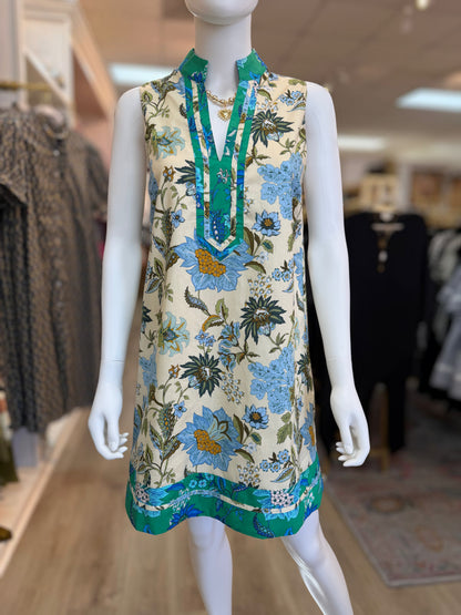 BLUE MIX FLORAL PRINT CONTRAST STRIPE SLEEVELESS MINI DRESS