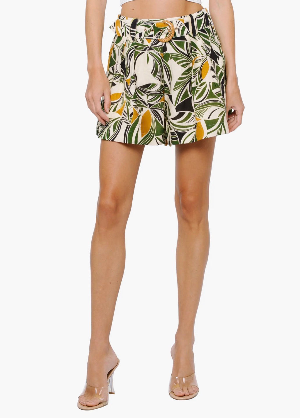 CREAM MULTI ABSTRACT LEAF PRINT BELTED ARYVIA SHORTS
