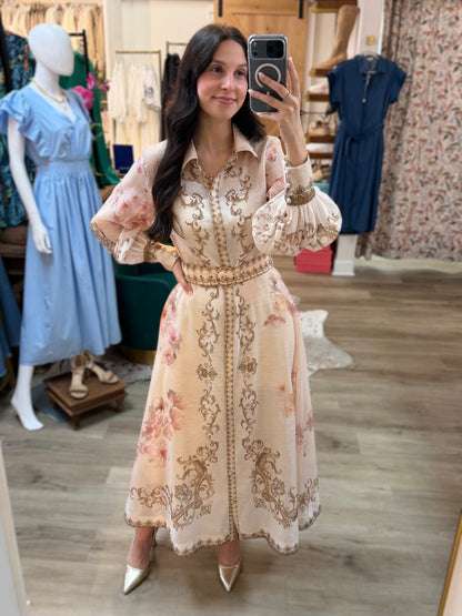 BEIGE MULTI FLORAL PRINT SHEER LONG SLEEVE BELTED BUTTON UP MAXI DRESS
