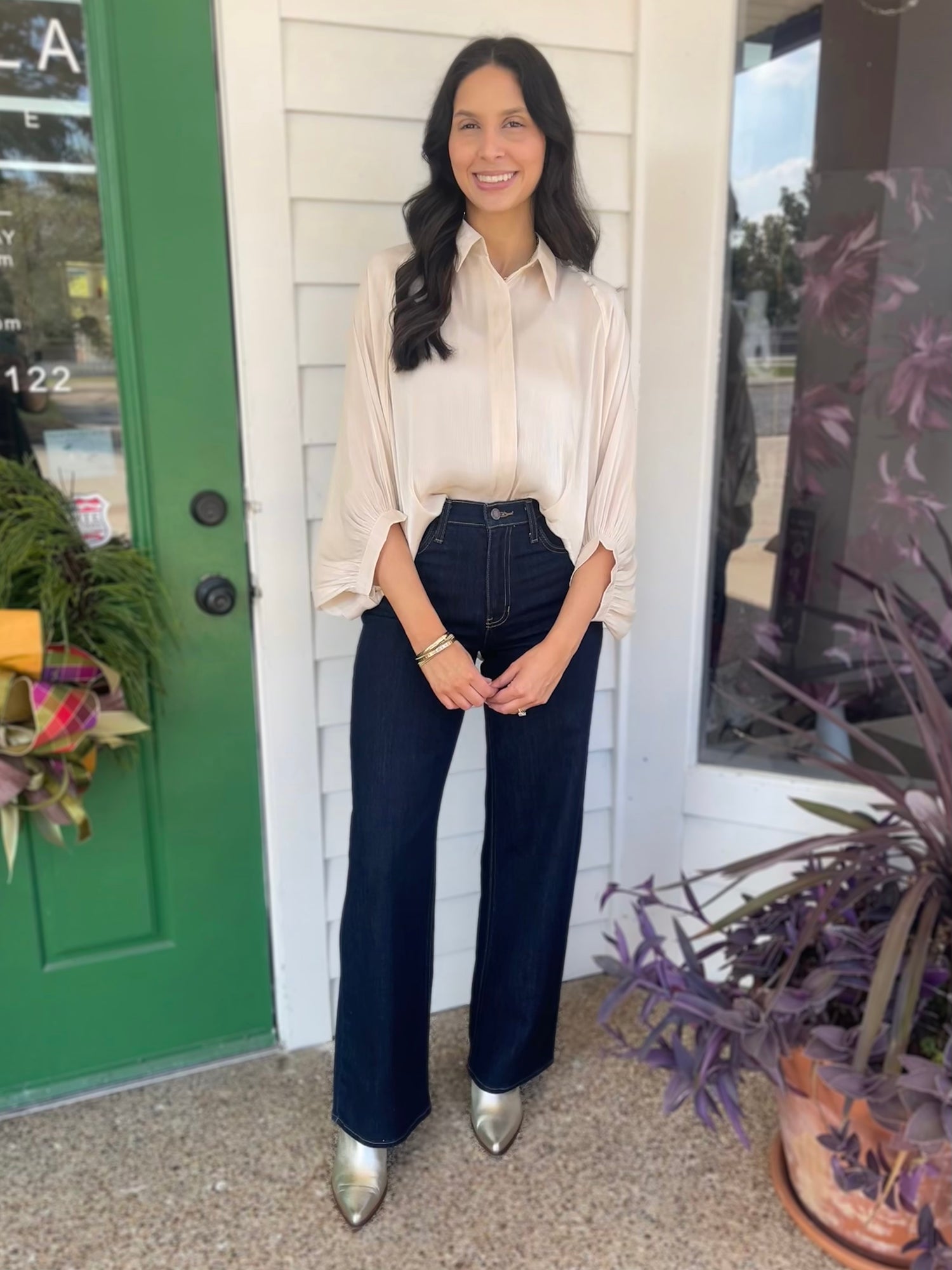 CHAMPAGNE BUTTON UP LONG FLOWY BATWING SLEEVE TOP