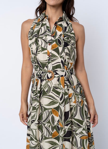 CREAM MULTI ABSTRACT LEAF PRINT HALTER SHIRT HATTIE MAXI DRESS