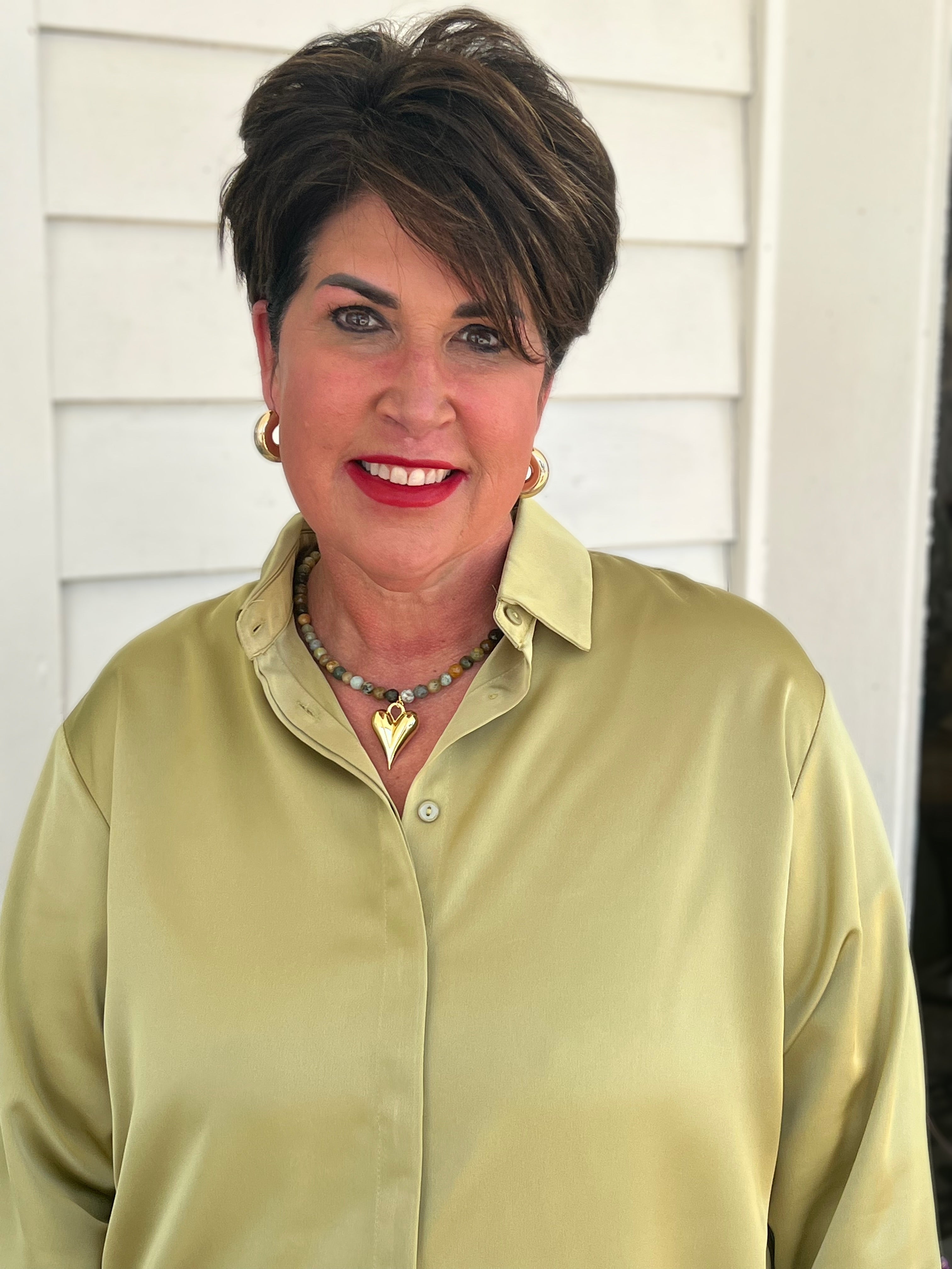 LIGHT MOSS SATIN PLACKET COVER BUTTON UP LONG SLEEVE TOP