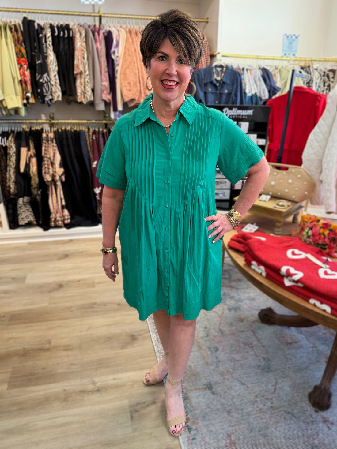 GREEN PINTUCK DETAIL SHORT SLEEVE BUTTON UP SHIRT MINI DRESS