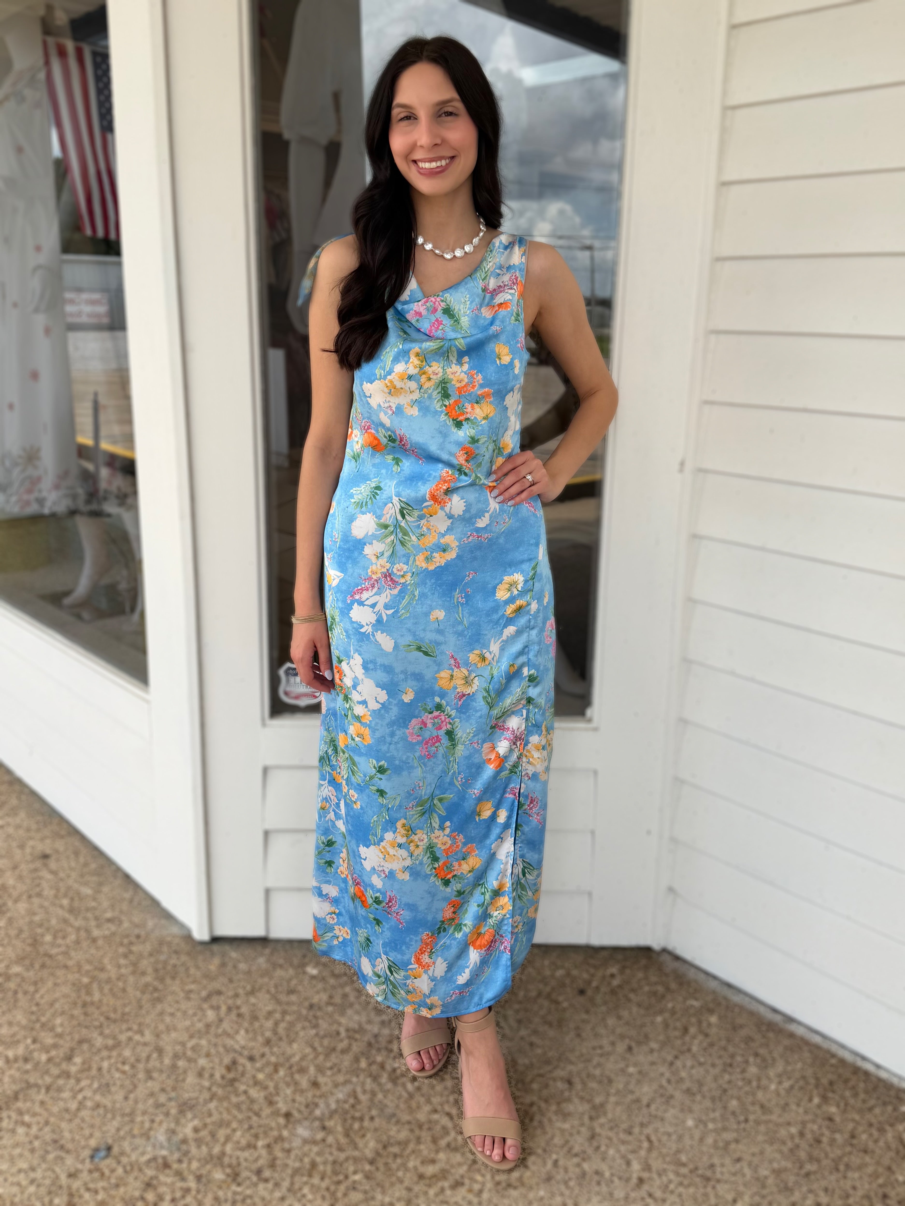 BLUE MULTI FLORAL PRINT COWL NECK SLEEVLESS TIE SHOULDER SATIN MIDI DRESS