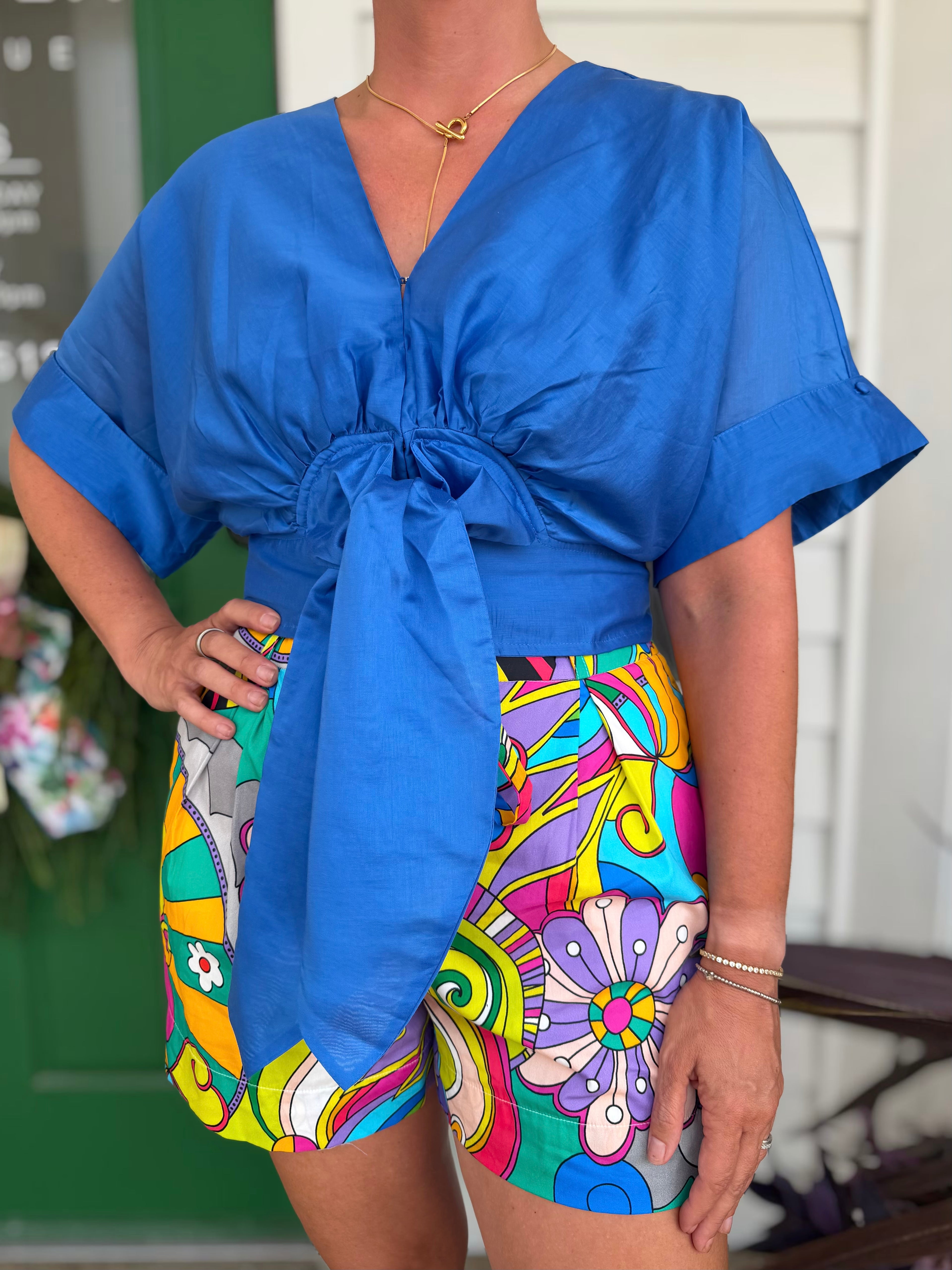 BLUE TIE FRONT CLARISA BLOUSE