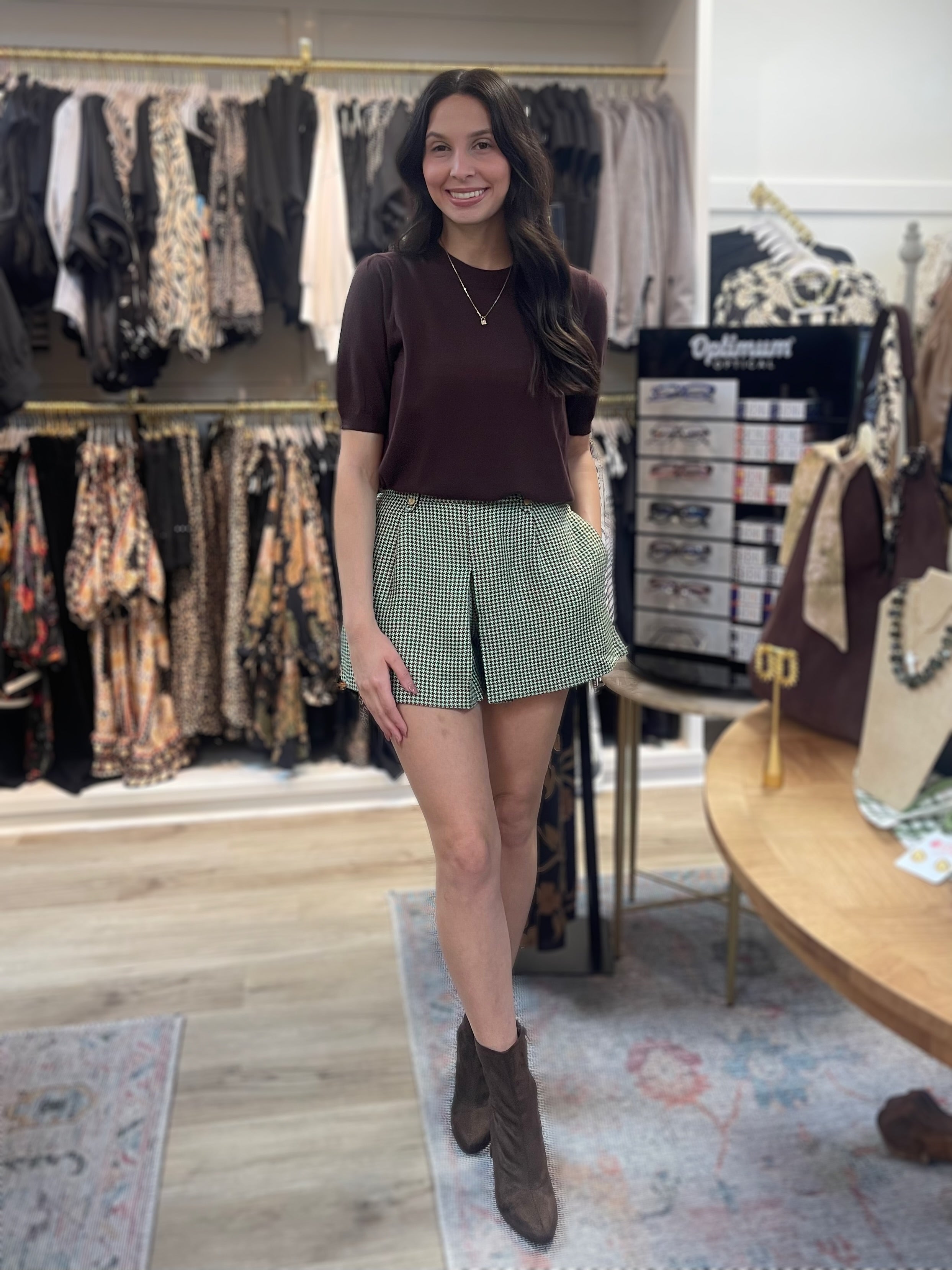 BROWN/MINT GREEN HOUNDSTOOTH PLEATED HIGH RISE SHORTS