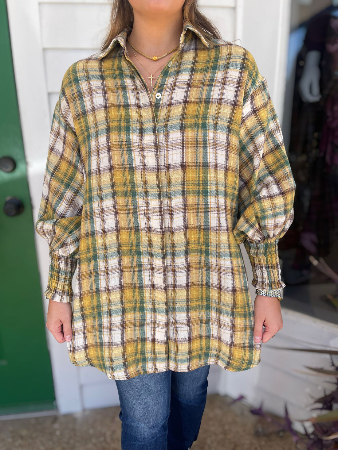 MUSTARD/FOREST PLAID BUTTON UP LONG SLEEVE COTTON TOP