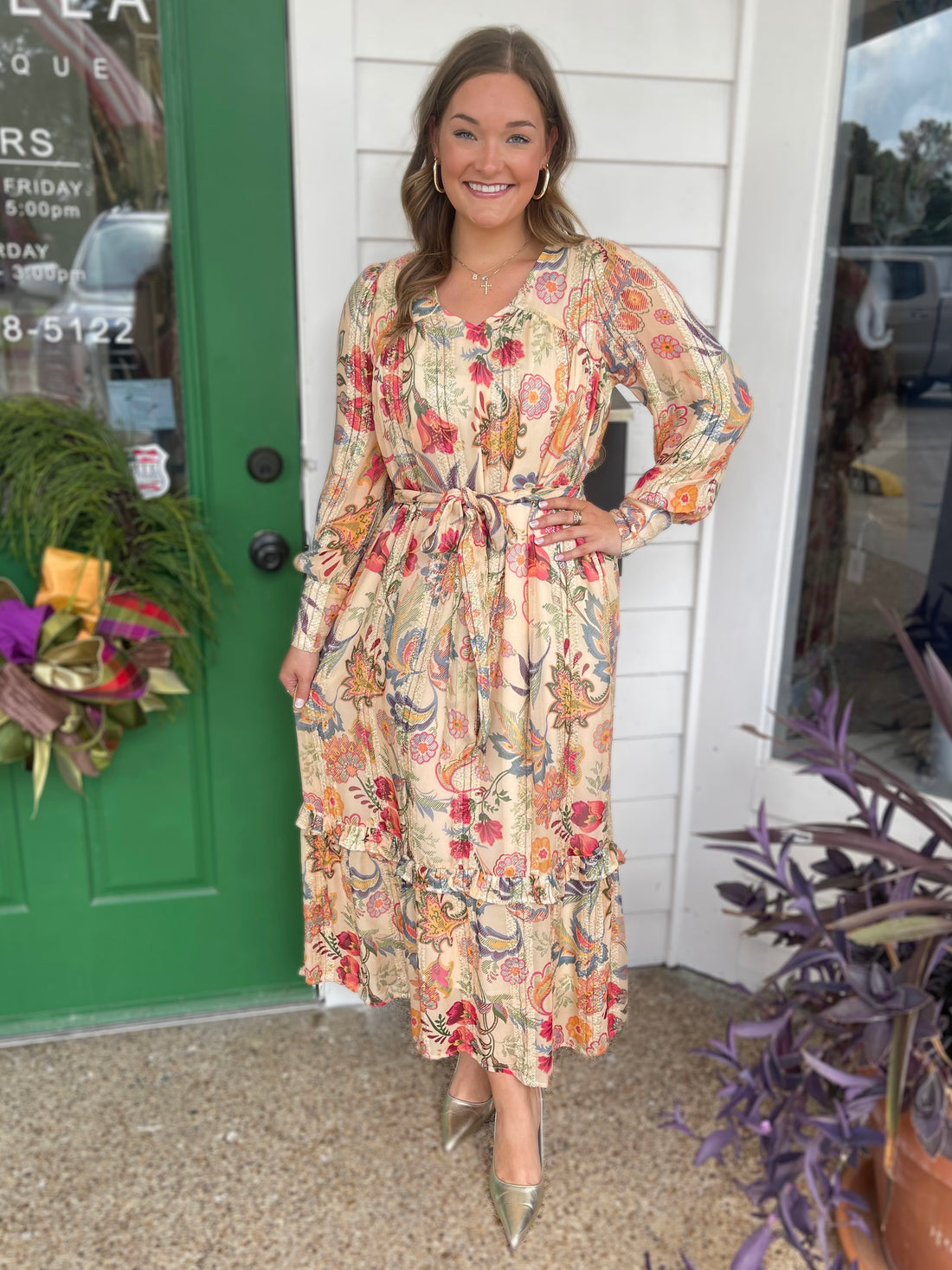 BUTTER MULTI FLORAL PRINT METALLIC STRIPE LEYN MAXI DRESS