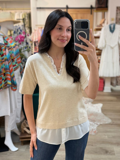 OATMEAL MIXED MEDIA LAYERED KNIT TOP