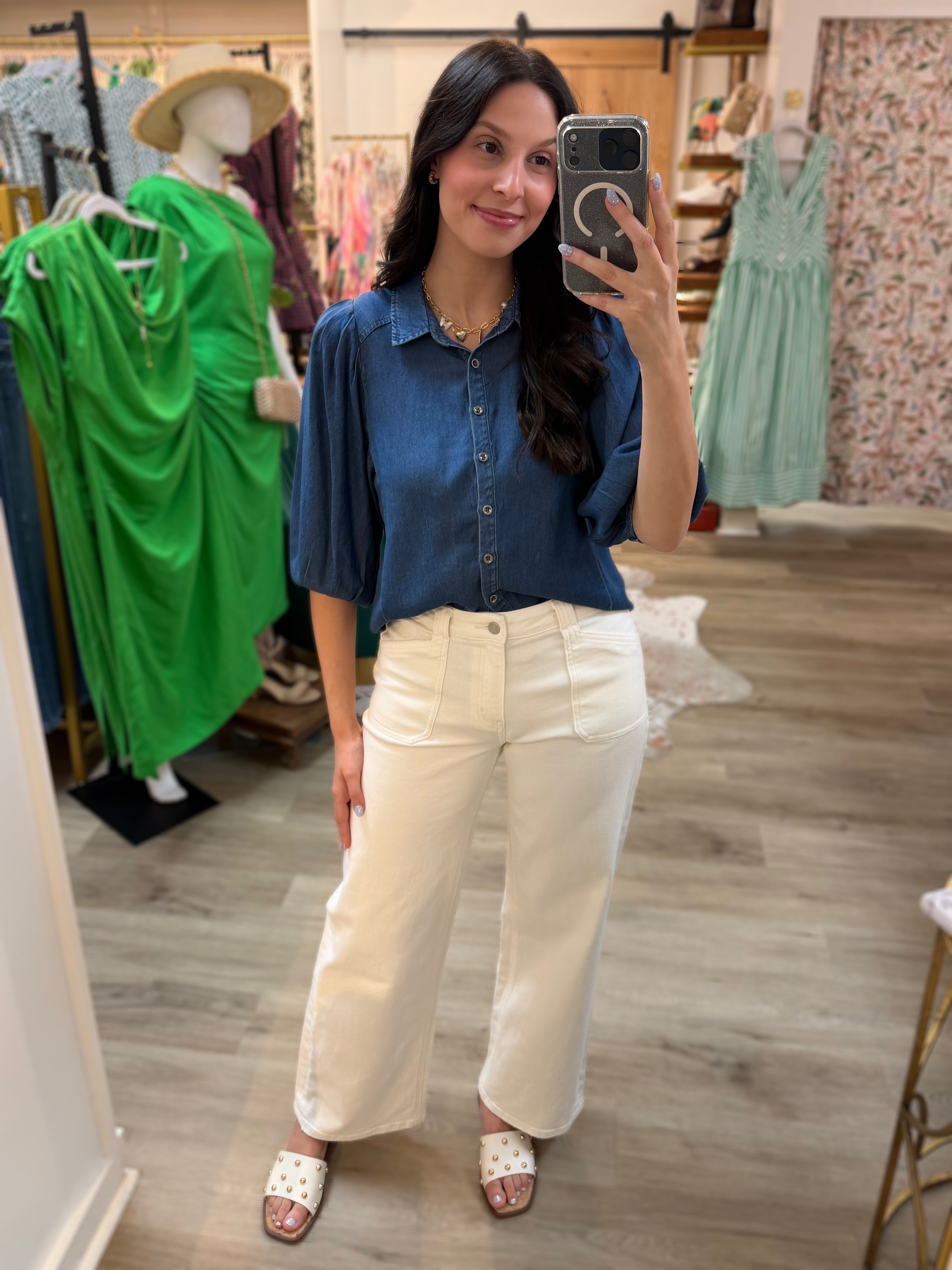 DENIM TENCEL CHAMBRAY SHORT PLEATED PUFF SLEEVE BUTTON UP TOP