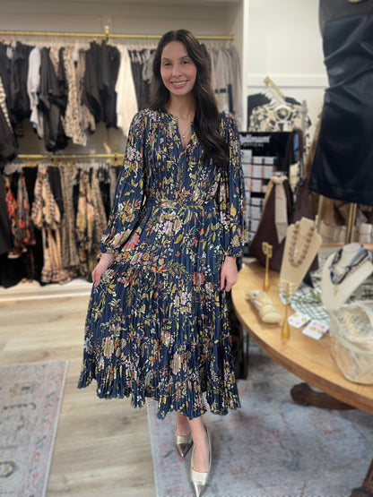 NAVY MUTLI FLORAL PRINT PLEATED LONG SLEEVE MIDI DRESS