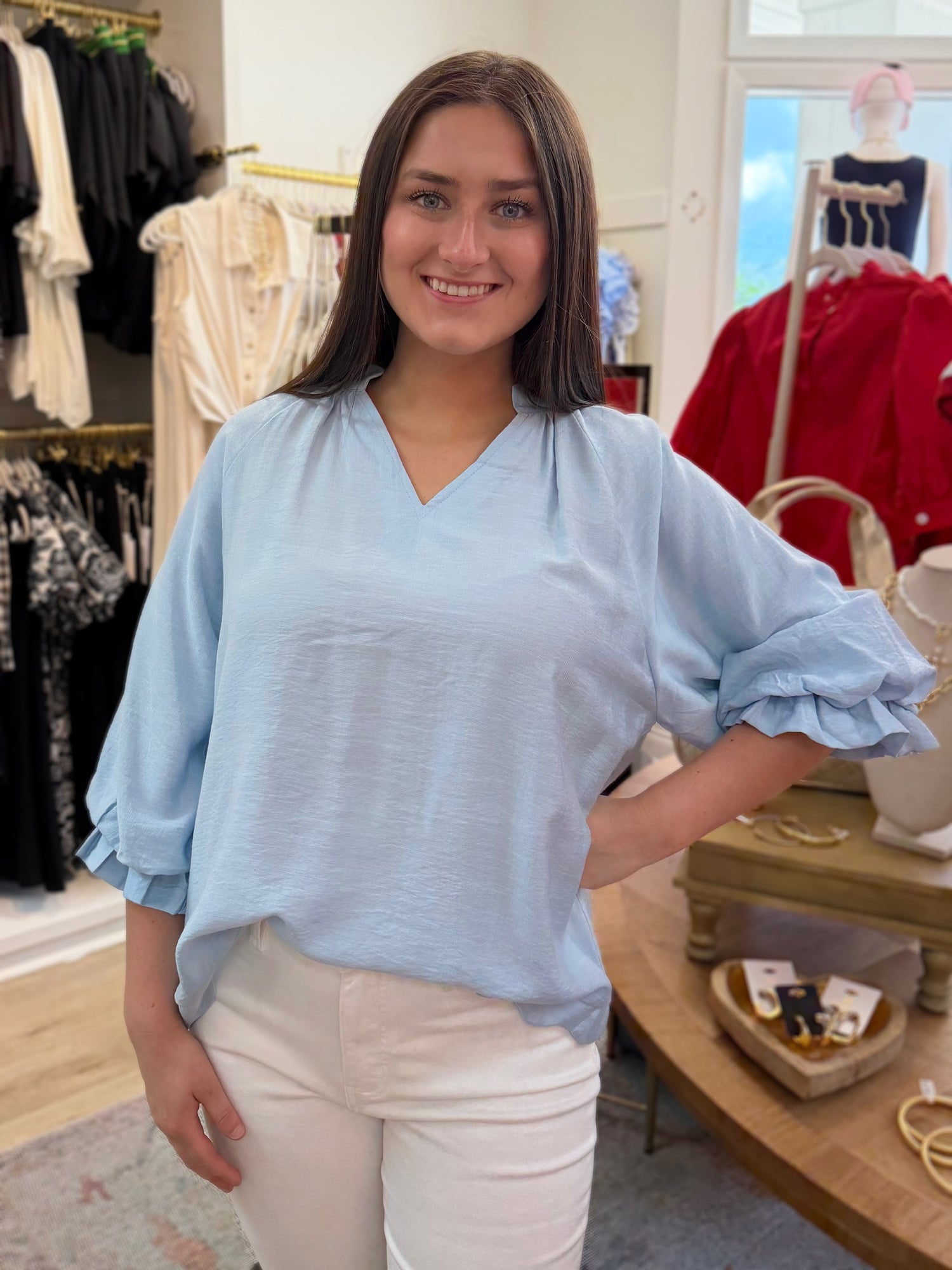 SKY BLUE 3/4 GATHERED BALLOON SLEEVE SCALLOP EDGED TOP