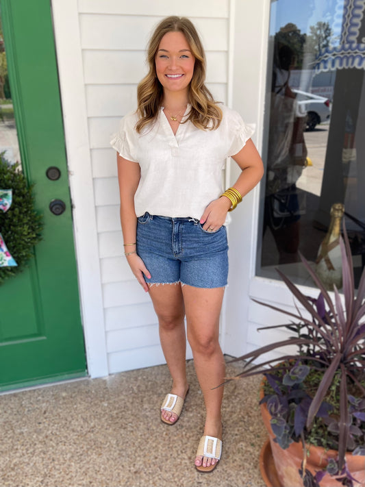 NATURAL VNECK RUFFLED GATHERED HEM SHORT SLEEVE TOP